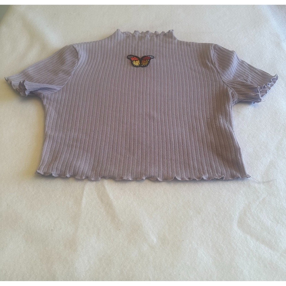 Crop Top Womens Purple Small S Butterfly Patch Mock Neck Ribbed Lettuce Trim Y2K